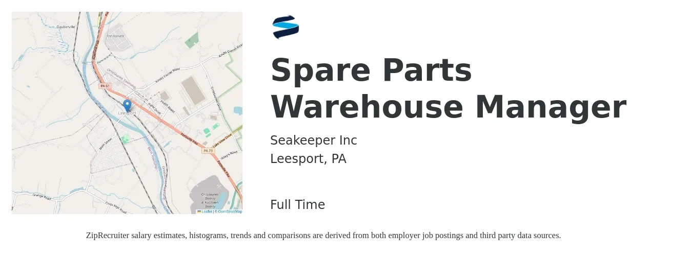 Seakeeper Inc job posting for a Spare Parts Warehouse Manager in Leesport, PA with a salary of $43,300 to $61,500 Yearly with a map of Leesport location.