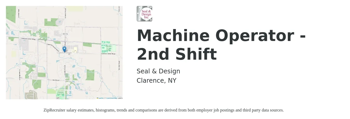 Seal & Design job posting for a Machine Operator - 2nd Shift in Clarence, NY with a salary of $16 to $20 Hourly with a map of Clarence location.