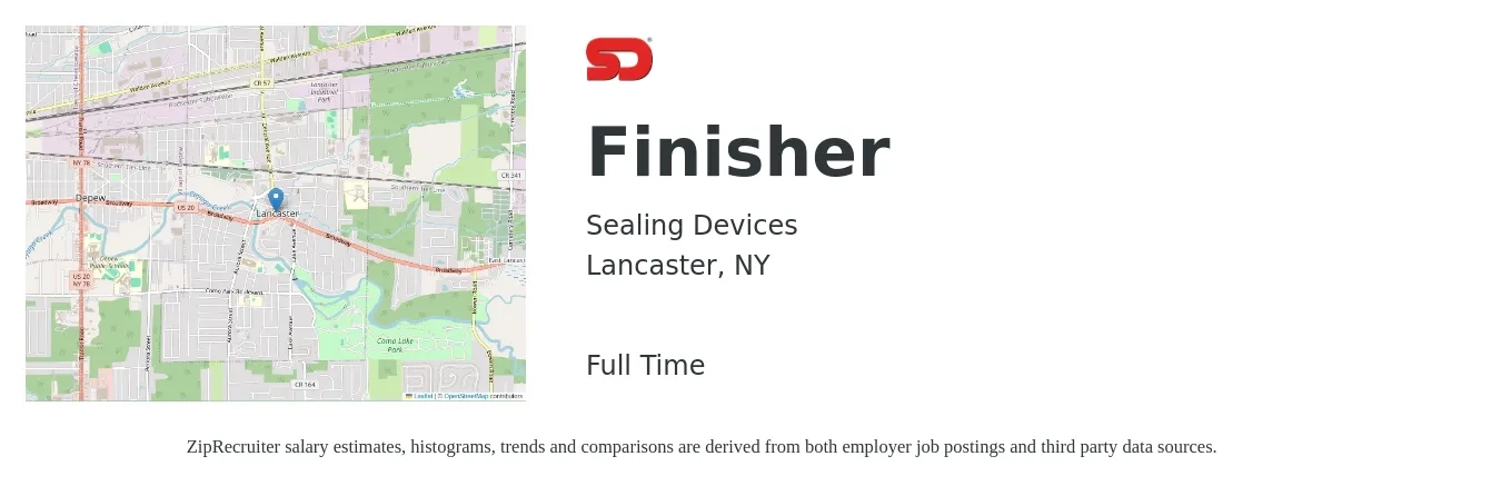 Sealing Devices job posting for a Finisher in Lancaster, NY with a salary of $17 to $19 Hourly with a map of Lancaster location.