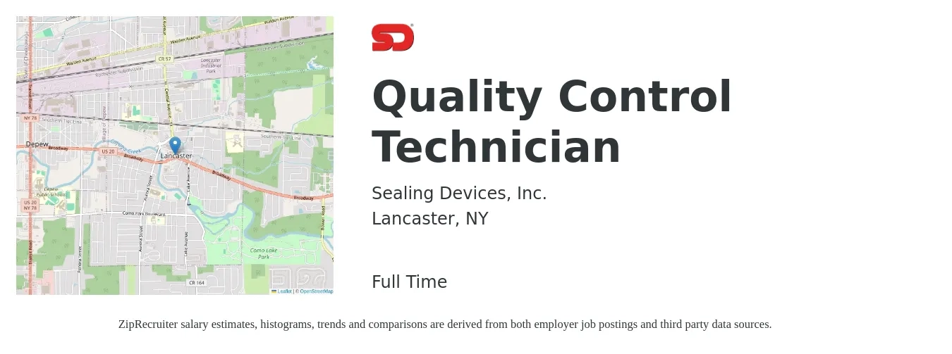 Sealing Devices job posting for a Quality Control Technician in Lancaster, NY with a salary of $20 to $25 Hourly with a map of Lancaster location.