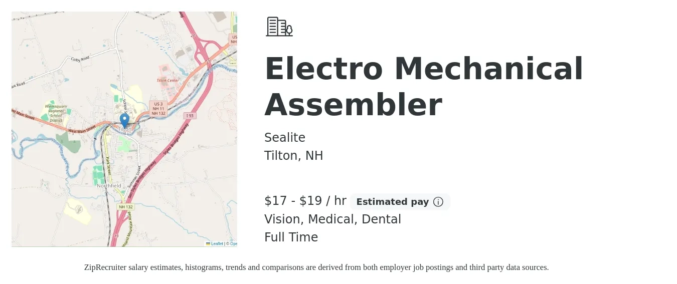 Sealite job posting for a Electro Mechanical Assembler in Tilton, NH with a salary of $18 to $20 Hourly and benefits including dental, life_insurance, medical, pto, retirement, and vision with a map of Tilton location.