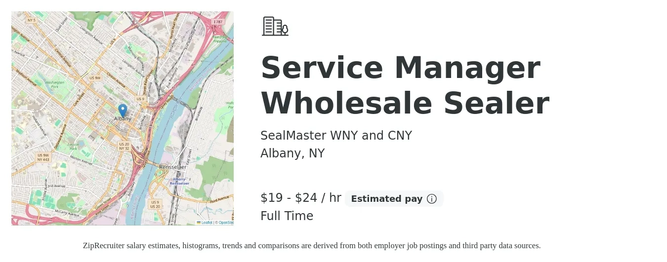 SealMaster WNY and CNY job posting for a Service Manager Wholesale Sealer in Albany, NY with a salary of $20 to $25 Hourly with a map of Albany location.