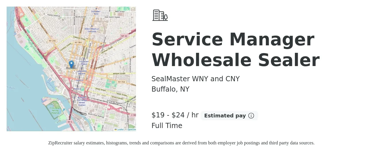 SealMaster WNY and CNY job posting for a Service Manager Wholesale Sealer in Buffalo, NY with a salary of $20 to $25 Hourly with a map of Buffalo location.