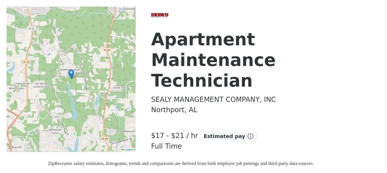 SEALY MANAGEMENT COMPANY, INC job posting for a Apartment Maintenance Technician in Northport, AL with a salary of $18 to $22 Hourly with a map of Northport location.