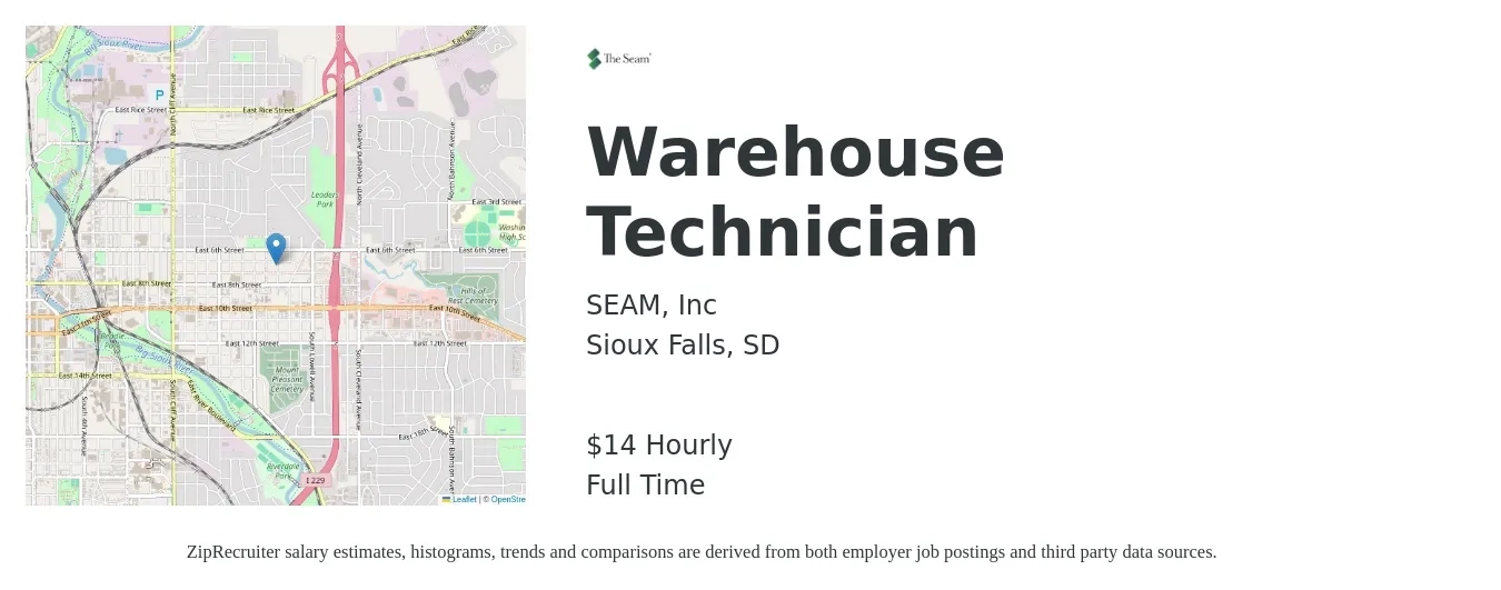 SEAM, Inc job posting for a Warehouse Technician in Sioux Falls, SD with a salary of $16 Hourly with a map of Sioux Falls location.