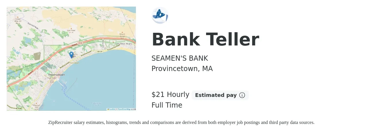 SEAMEN'S BANK job posting for a Bank Teller in Provincetown, MA with a salary of $23 Hourly with a map of Provincetown location.
