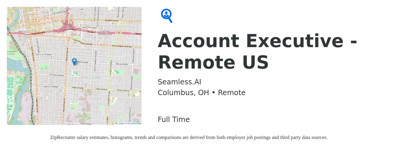 Seamless.AI job posting for a Account Executive - Remote US in Columbus, OH with a salary of $52,200 to $91,800 Yearly with a map of Columbus location.
