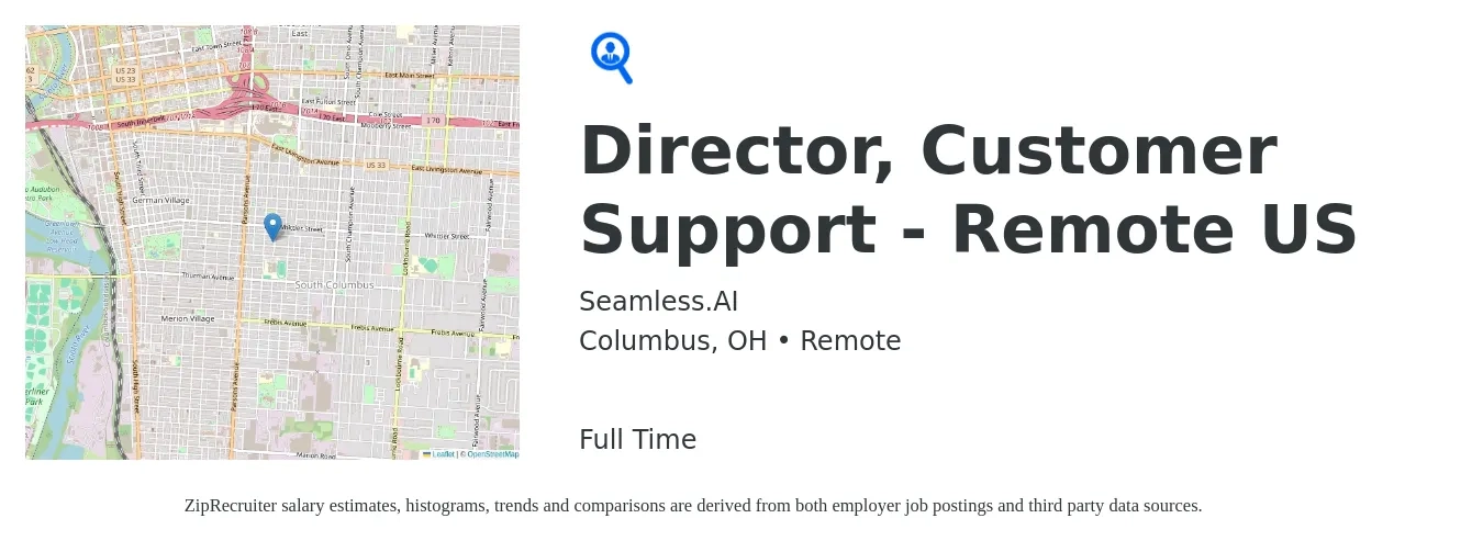 Seamless.AI job posting for a Director, Customer Support - Remote US in Columbus, OH with a salary of $12 to $26 Hourly with a map of Columbus location.