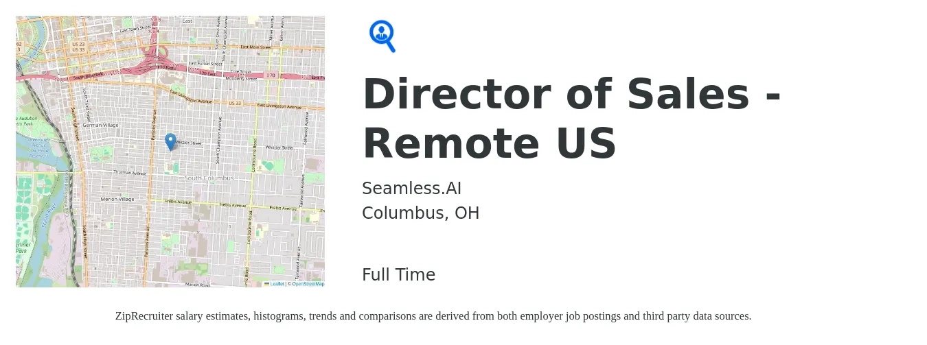 Seamless.AI job posting for a Director of Sales - Remote US in Columbus, OH with a salary of $68,100 to $120,700 Yearly with a map of Columbus location.