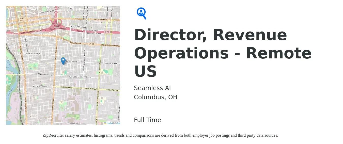 Seamless.AI job posting for a Director, Revenue Operations - Remote US in Columbus, OH with a salary of $91,300 to $158,900 Yearly with a map of Columbus location.