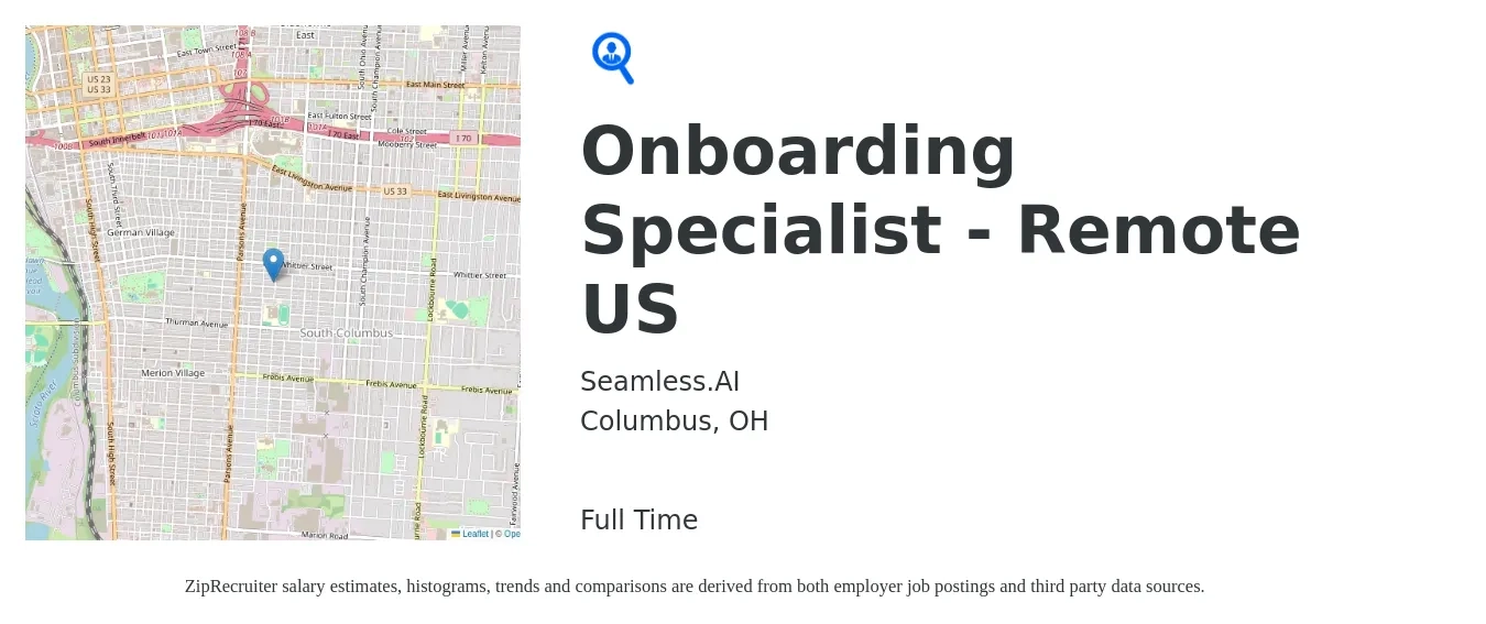 Seamless.AI job posting for a Onboarding Specialist - Remote US in Columbus, OH with a salary of $19 to $29 Hourly with a map of Columbus location.
