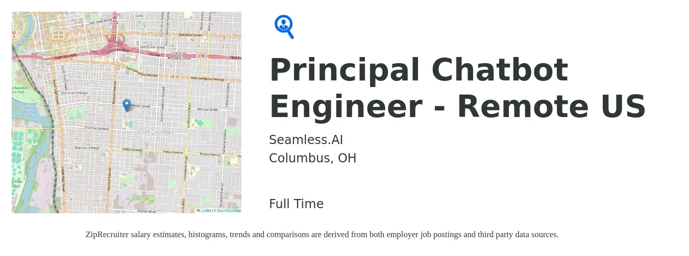 Seamless.AI job posting for a Principal Chatbot Engineer - Remote US in Columbus, OH with a salary of $114,500 to $167,100 Yearly with a map of Columbus location.