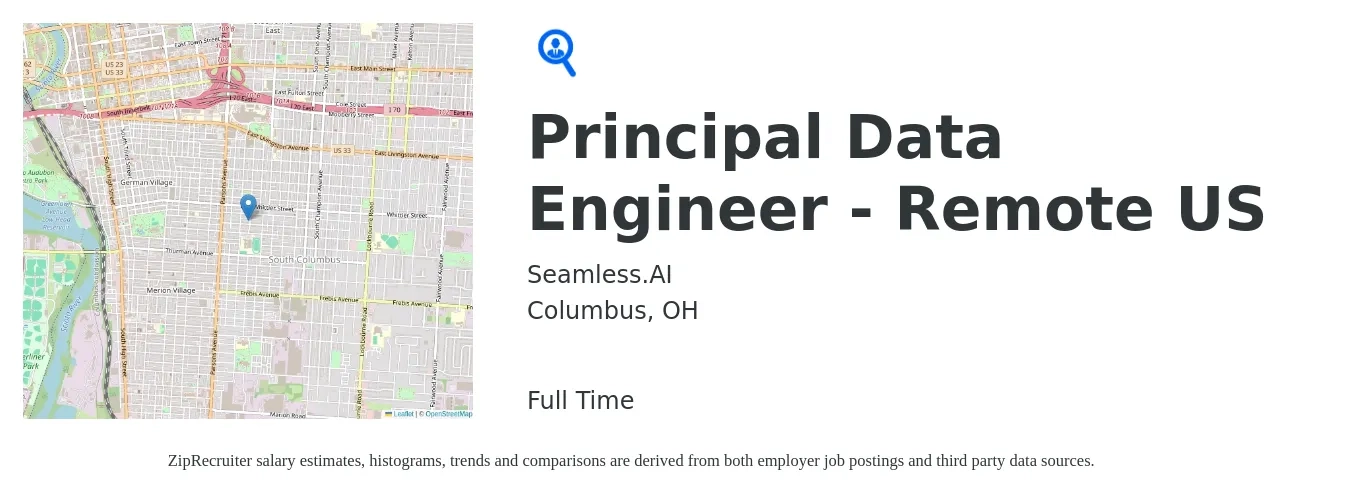 Seamless.AI job posting for a Principal Data Engineer - Remote US in Columbus, OH with a salary of $110,600 to $132,800 Yearly with a map of Columbus location.