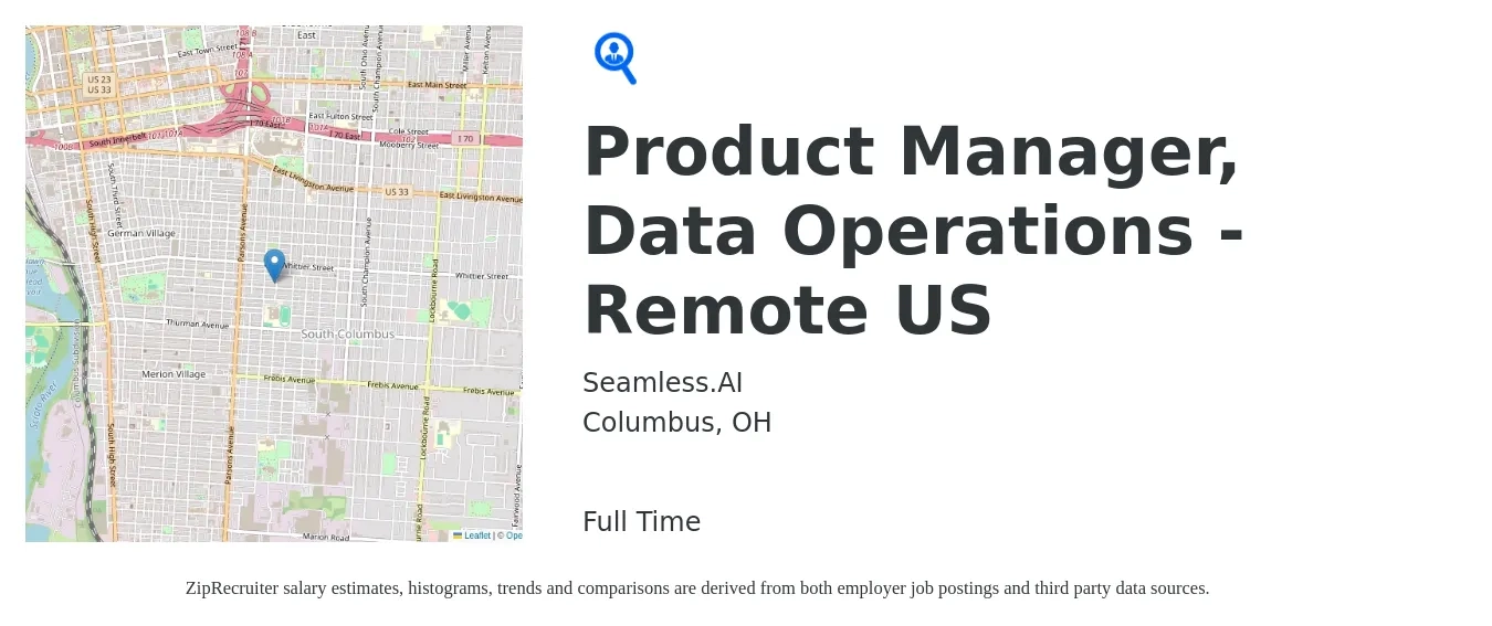 Seamless.AI job posting for a Product Manager, Data Operations - Remote US in Columbus, OH with a salary of $136,200 to $190,300 Yearly with a map of Columbus location.
