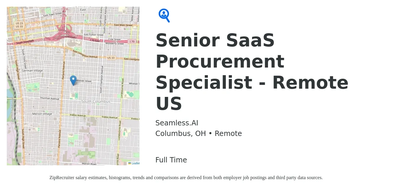 Seamless.AI job posting for a Senior SaaS Procurement Specialist - Remote US in Columbus, OH with a salary of $67,600 to $95,600 Yearly with a map of Columbus location.