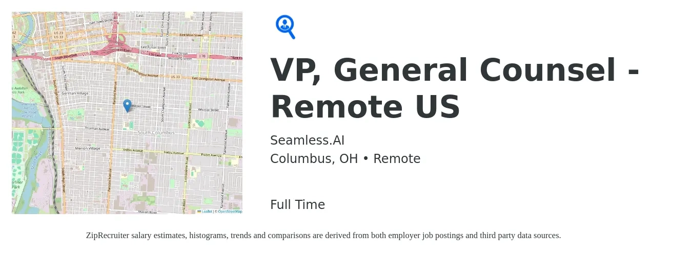 Seamless.AI job posting for a VP, General Counsel - Remote US in Columbus, OH with a salary of $168,100 to $254,500 Yearly with a map of Columbus location.