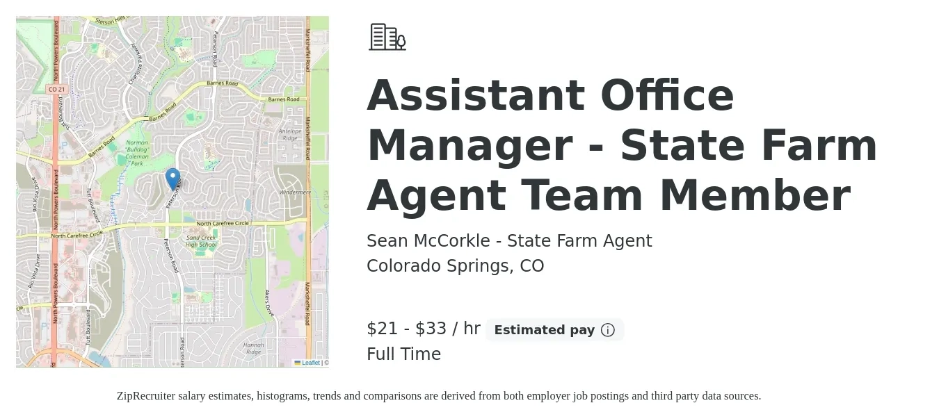 Sean McCorkle - State Farm Agent job posting for a Assistant Office Manager - State Farm Agent Team Member in Colorado Springs, CO with a salary of $22 to $35 Hourly with a map of Colorado Springs location.
