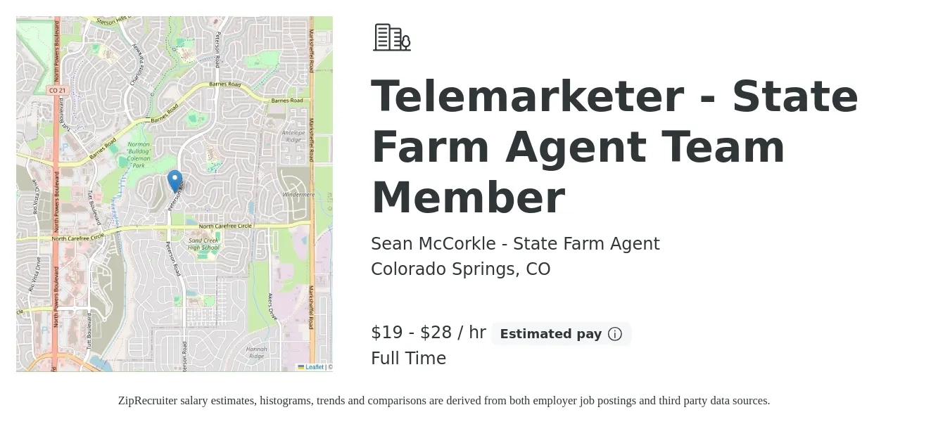 Sean McCorkle - State Farm Agent job posting for a Telemarketer - State Farm Agent Team Member in Colorado Springs, CO with a salary of $20 to $30 Hourly with a map of Colorado Springs location.
