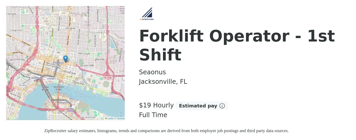 Seaonus job posting for a Forklift Operator - 1st Shift in Jacksonville, FL with a salary of $20 Hourly with a map of Jacksonville location.