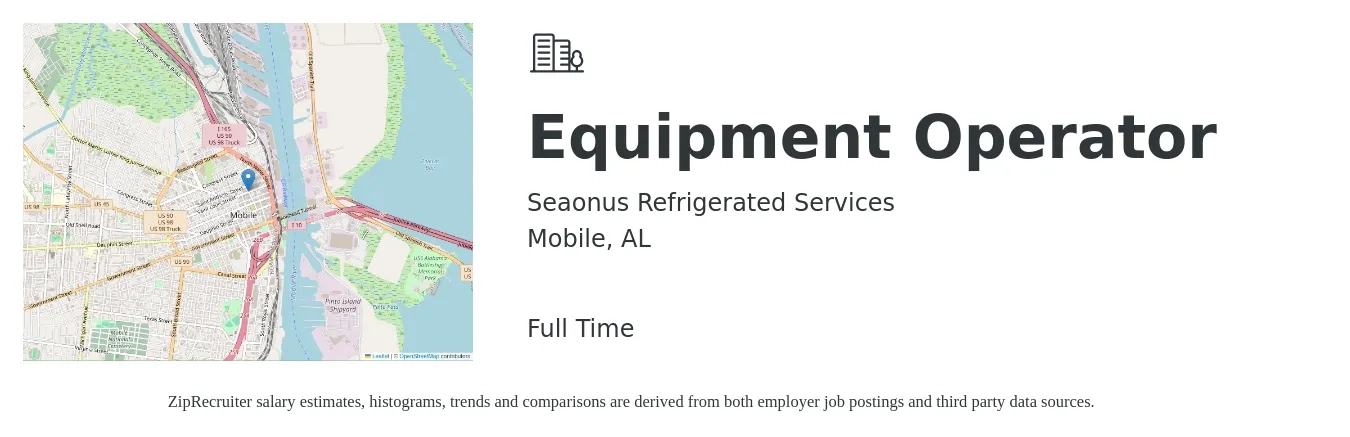 Seaonus Refrigerated Services job posting for a Equipment Operator in Mobile, AL with a salary of $19 to $26 Hourly with a map of Mobile location.