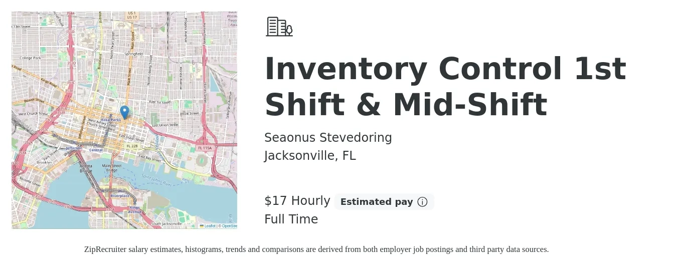 Seaonus Stevedoring job posting for a Inventory Control 1st Shift & Mid-Shift in Jacksonville, FL with a salary of $18 Hourly with a map of Jacksonville location.