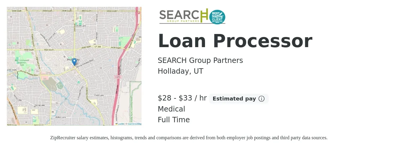SEARCH Group Partners job posting for a Loan Processor in Holladay, UT with a salary of $30 to $35 Hourly and benefits including medical, and pto with a map of Holladay location.