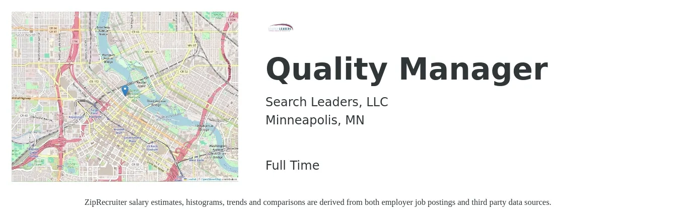 Search Leaders, LLC job posting for a Quality Manager in Minneapolis, MN with a salary of $90,000 to $130,000 Yearly with a map of Minneapolis location.