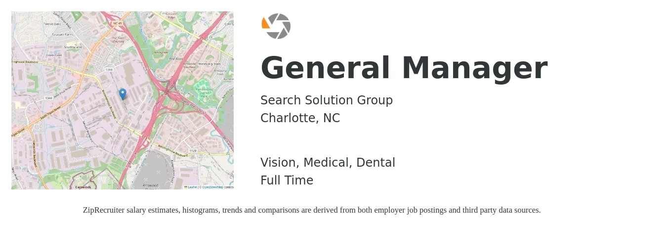 Search Solution Group job posting for a General Manager in Charlotte, NC with a salary of $48,300 to $72,300 Yearly and benefits including medical, vision, and dental with a map of Charlotte location.