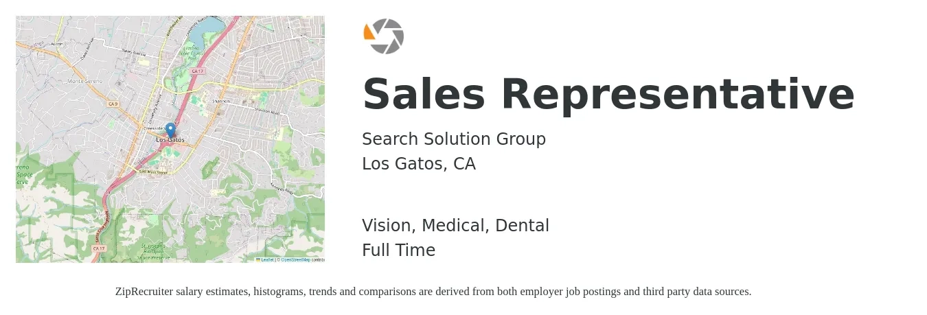 Search Solution Group job posting for a Sales Representative in Los Gatos, CA with a salary of $62,300 to $108,300 Yearly and benefits including pto, vision, dental, and medical with a map of Los Gatos location.