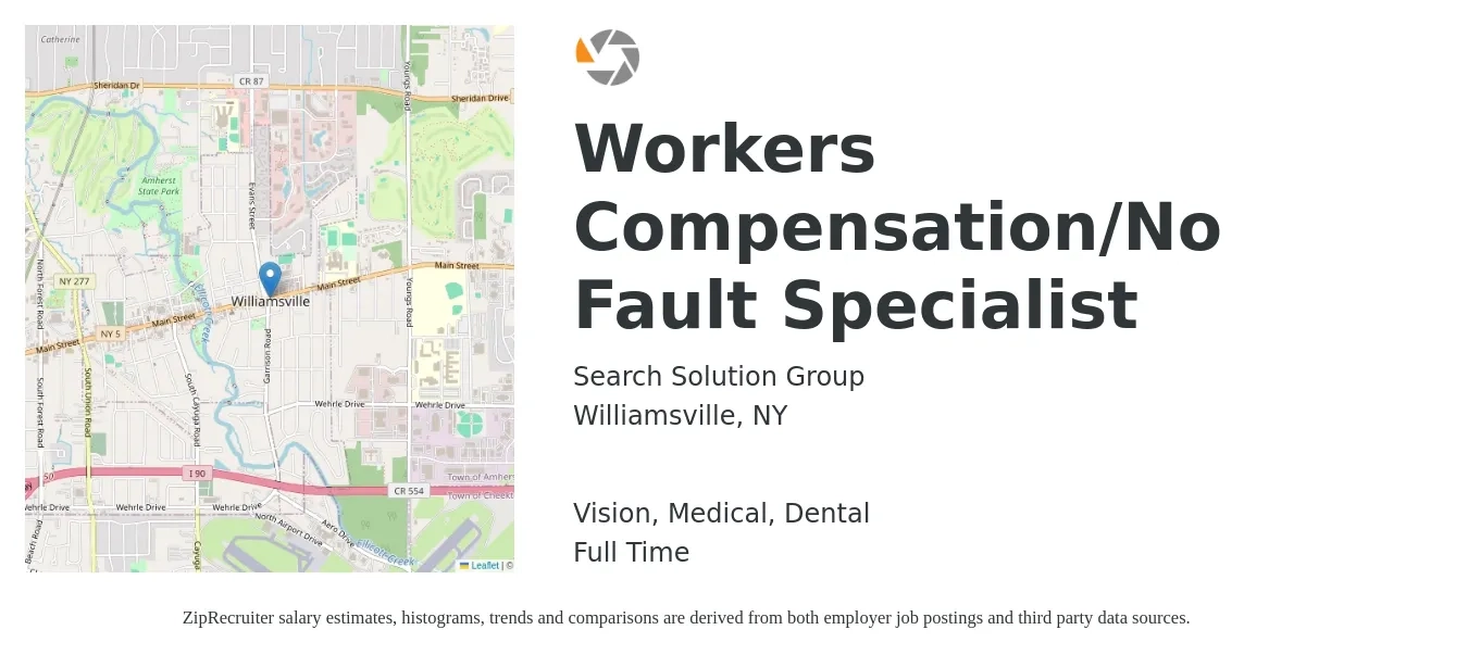 Search Solution Group job posting for a Workers Compensation/No Fault Specialist in Williamsville, NY with a salary of $18 to $24 Hourly and benefits including dental, medical, and vision with a map of Williamsville location.