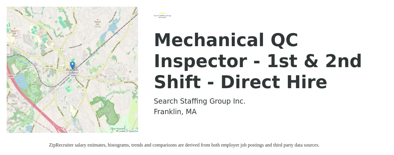 Search Staffing Group Inc. job posting for a Mechanical QC Inspector - 1st & 2nd Shift - Direct Hire in Franklin, MA with a salary of $25 to $35 Hourly with a map of Franklin location.