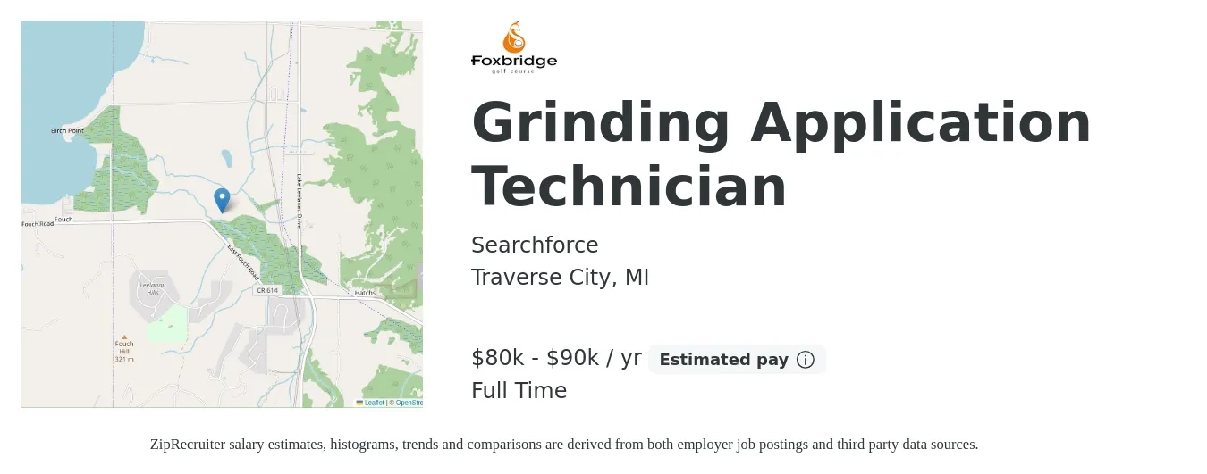 Searchforce job posting for a Grinding Application Technician in Traverse City, MI with a salary of $80,000 to $90,000 Yearly with a map of Traverse City location.