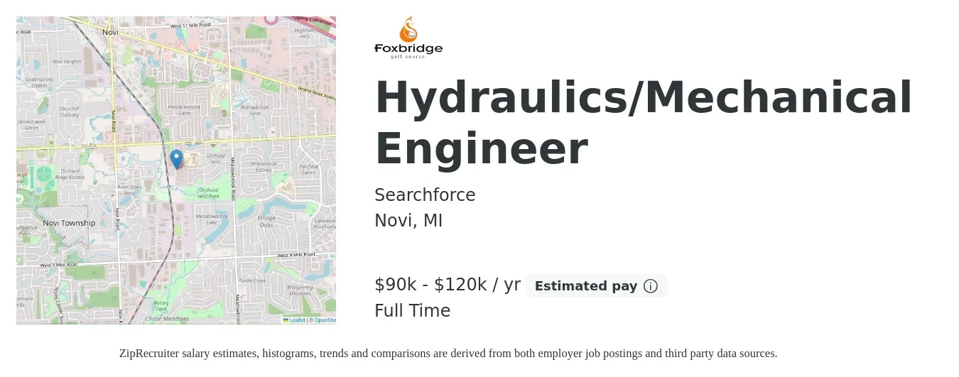 Searchforce job posting for a Hydraulics/Mechanical Engineer in Novi, MI with a salary of $90,000 to $120,000 Yearly with a map of Novi location.