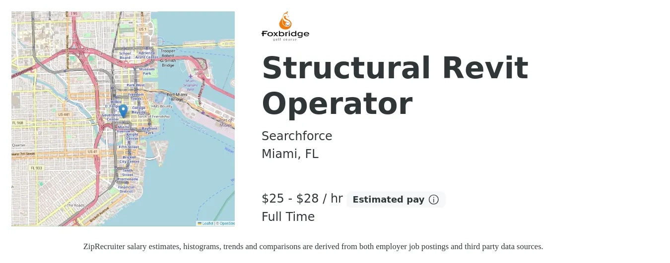Searchforce job posting for a Structural Revit Operator in Miami, FL with a salary of $26 to $30 Hourly with a map of Miami location.