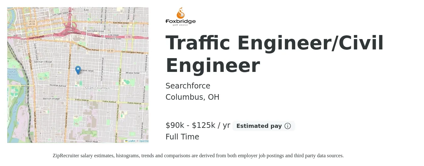 Searchforce job posting for a Traffic Engineer/Civil Engineer in Columbus, OH with a salary of $90,000 to $125,000 Yearly with a map of Columbus location.