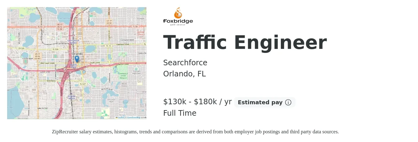 Searchforce job posting for a Traffic Engineer in Orlando, FL with a salary of $130,000 to $180,000 Yearly with a map of Orlando location.