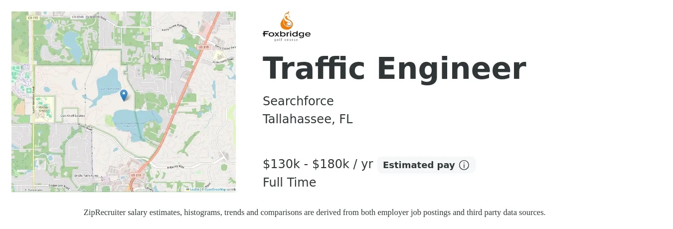 Searchforce job posting for a Traffic Engineer in Tallahassee, FL with a salary of $130,000 to $180,000 Yearly with a map of Tallahassee location.