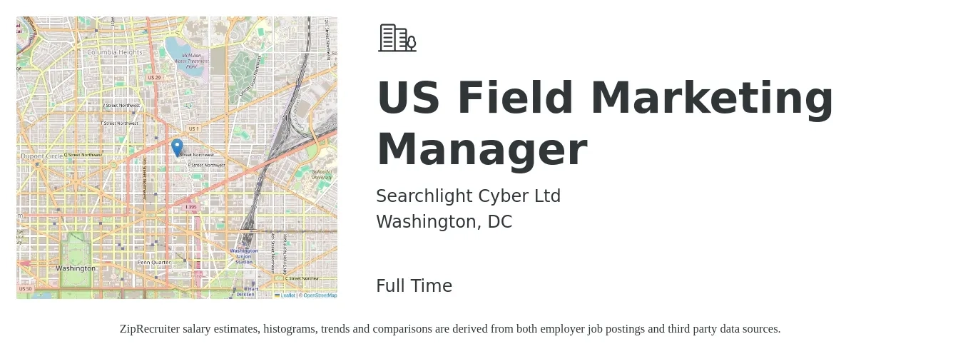 Searchlight Cyber Ltd job posting for a US Field Marketing Manager in Washington, DC with a salary of $73,700 to $115,000 Yearly with a map of Washington location.