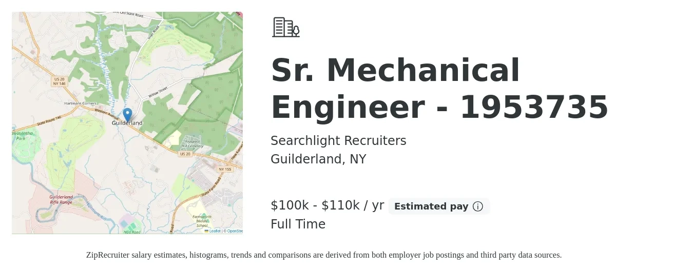 Searchlight Recruiters job posting for a Sr. Mechanical Engineer - 1953735 in Guilderland, NY with a salary of $100,000 to $110,000 Yearly with a map of Guilderland location.