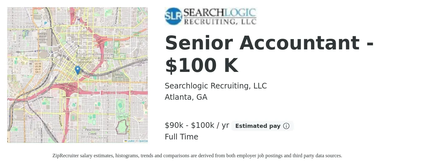 Searchlogic Recruiting, LLC job posting for a Senior Accountant - $100 K in Atlanta, GA with a salary of $90,000 to $100,000 Yearly with a map of Atlanta location.