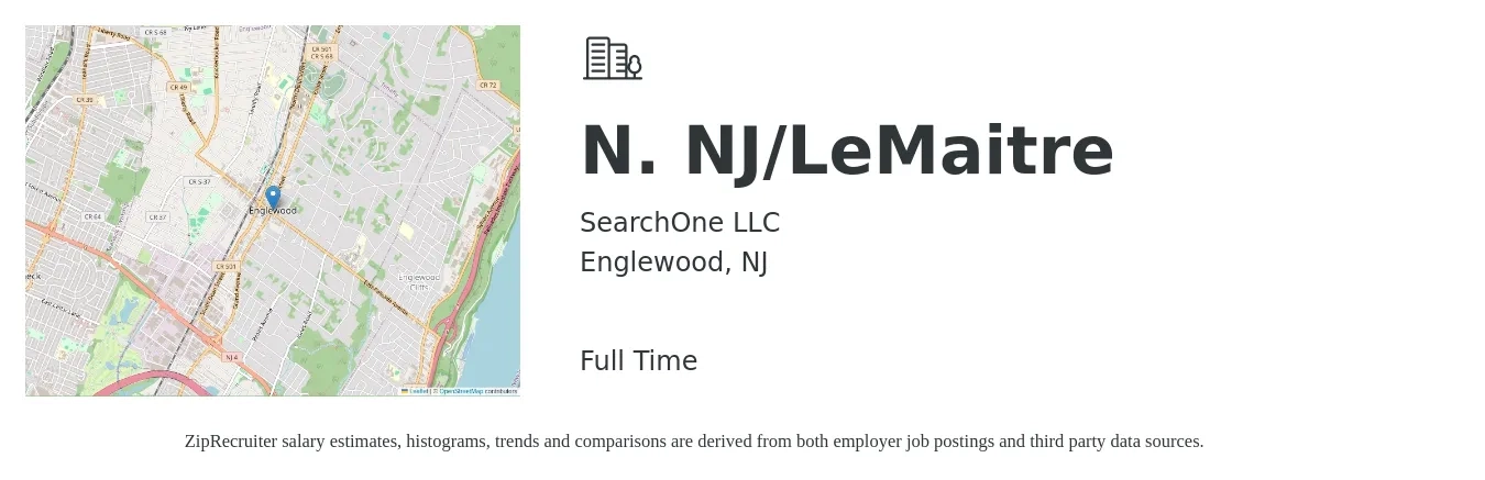 SearchOne LLC job posting for a N. NJ/LeMaitre in Englewood, NJ with a salary of $37,300 to $52,500 Yearly with a map of Englewood location.