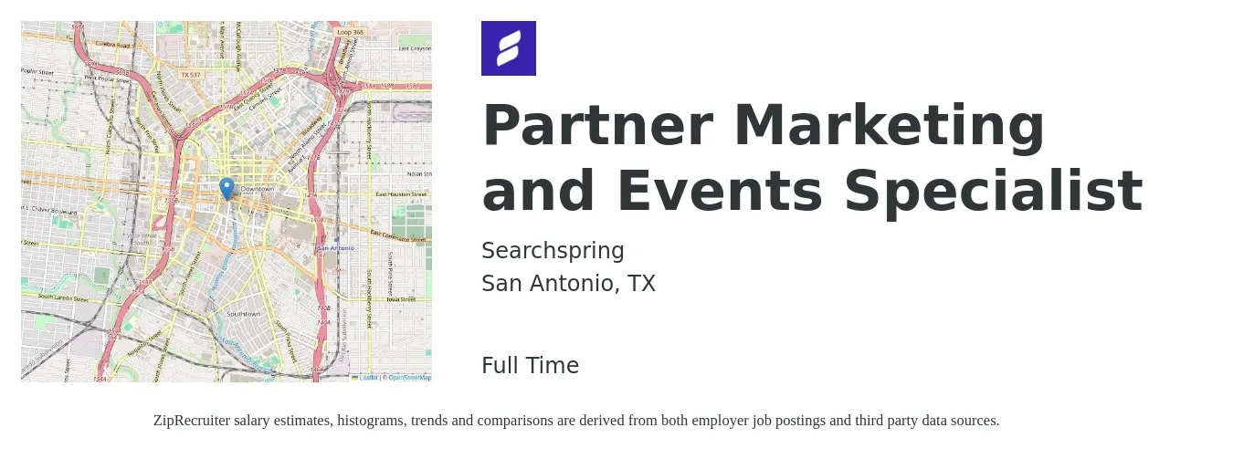 Searchspring job posting for a Partner Marketing and Events Specialist in San Antonio, TX with a salary of $46,000 to $64,900 Yearly with a map of San Antonio location.