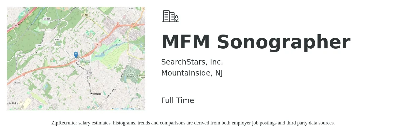 SearchStars, Inc. job posting for a MFM Sonographer in Mountainside, NJ with a salary of $1,640 to $2,770 Weekly with a map of Mountainside location.