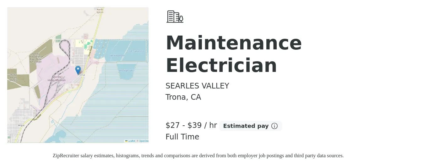SEARLES VALLEY job posting for a Maintenance Electrician in Trona, CA with a salary of $28 to $41 Hourly with a map of Trona location.