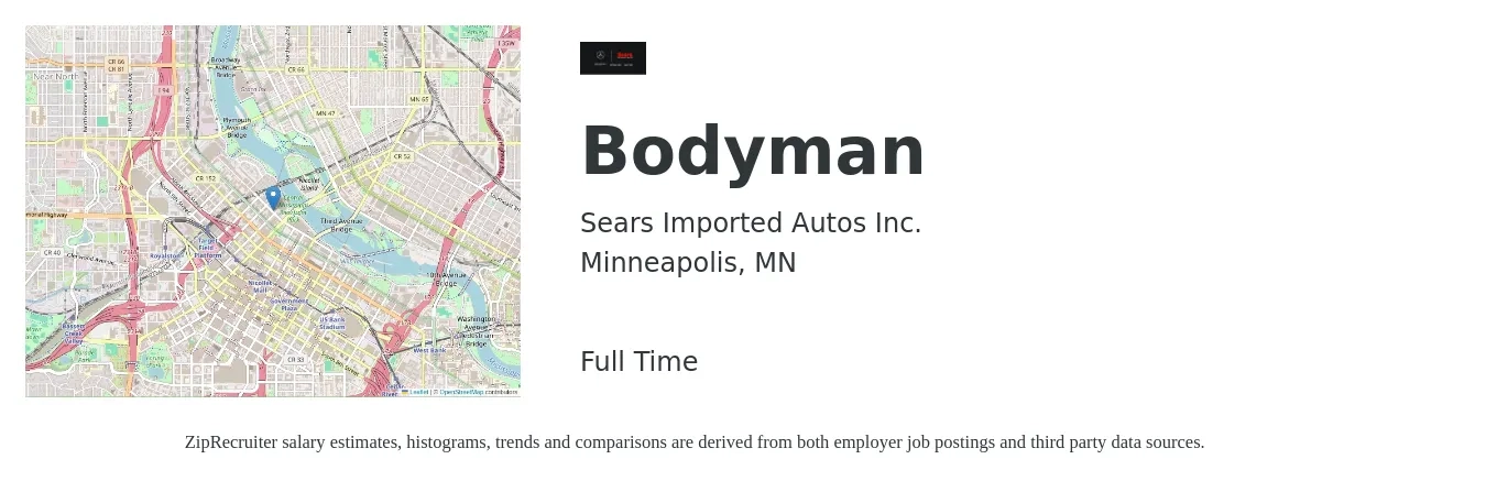 Sears Imported Autos Inc. job posting for a Bodyman in Minneapolis, MN with a salary of $22 to $35 Hourly with a map of Minneapolis location.