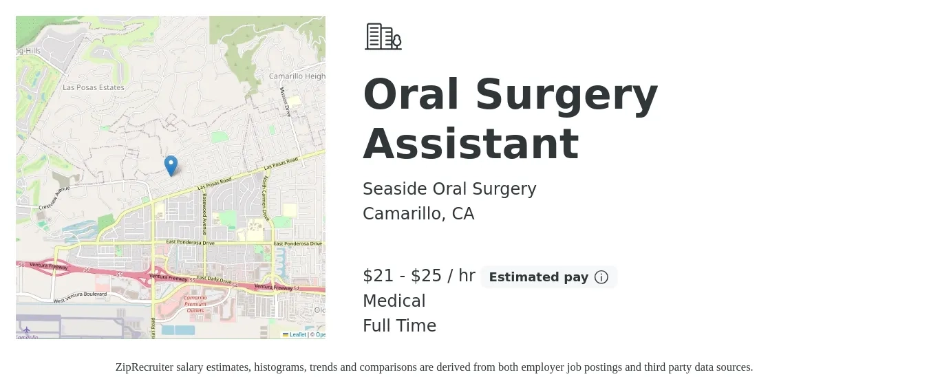 Seaside Oral Surgery job posting for a Oral Surgery Assistant in Camarillo, CA with a salary of $22 to $26 Hourly and benefits including medical with a map of Camarillo location.