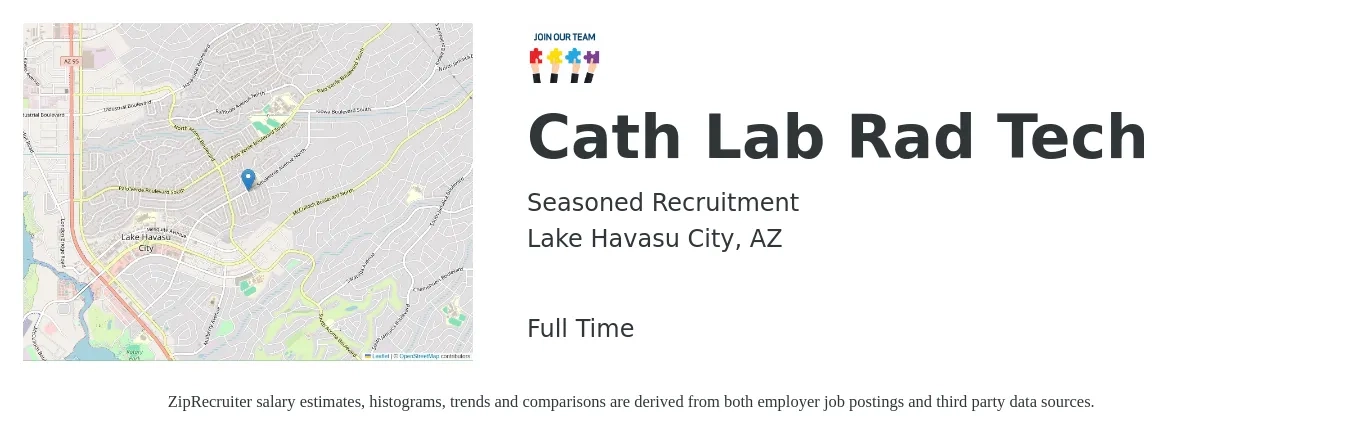 Seasoned Recruitment job posting for a Cath Lab Rad Tech in Lake Havasu City, AZ with a salary of $1,330 to $2,490 Weekly with a map of Lake Havasu City location.