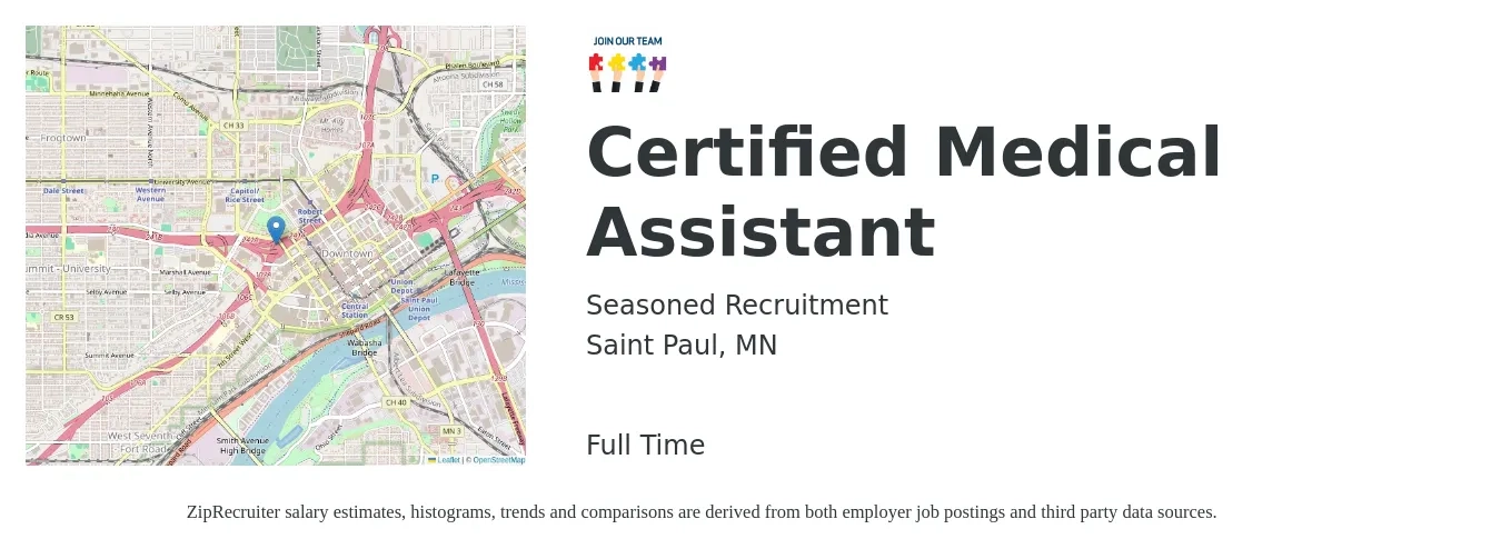 Seasoned Recruitment job posting for a Certified Medical Assistant in Saint Paul, MN with a salary of $17 to $22 Hourly with a map of Saint Paul location.