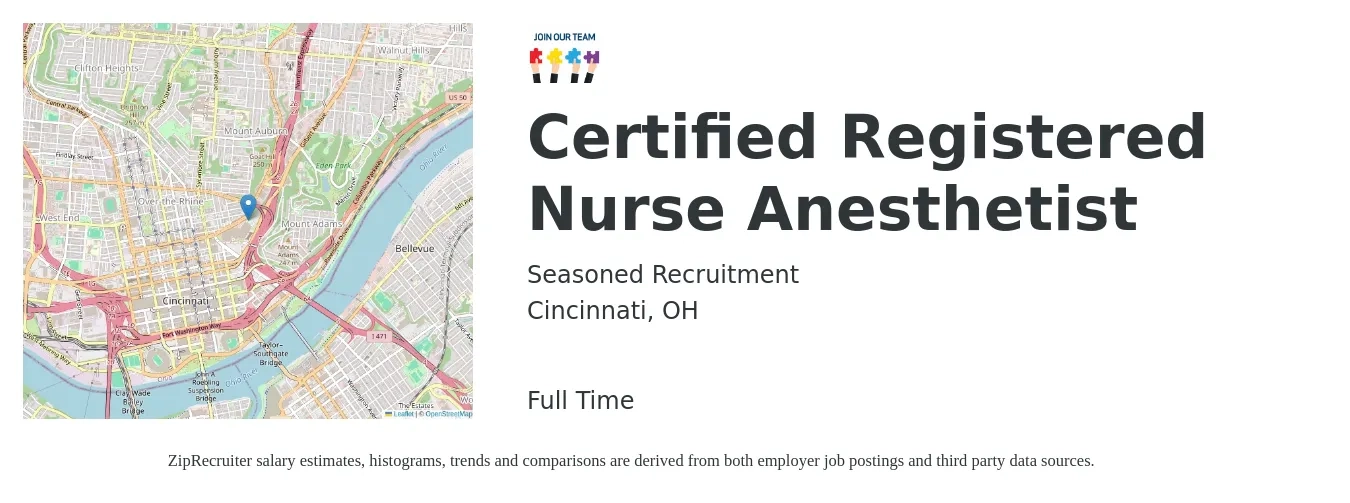 Seasoned Recruitment job posting for a Certified Registered Nurse Anesthetist in Cincinnati, OH with a salary of $175 Hourly with a map of Cincinnati location.