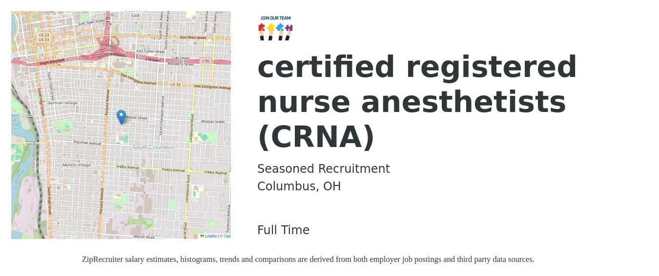 Seasoned Recruitment job posting for a Certified Registered Nurse Anesthetists (CRNA) in Columbus, OH with a salary of $92 to $168 Hourly with a map of Columbus location.